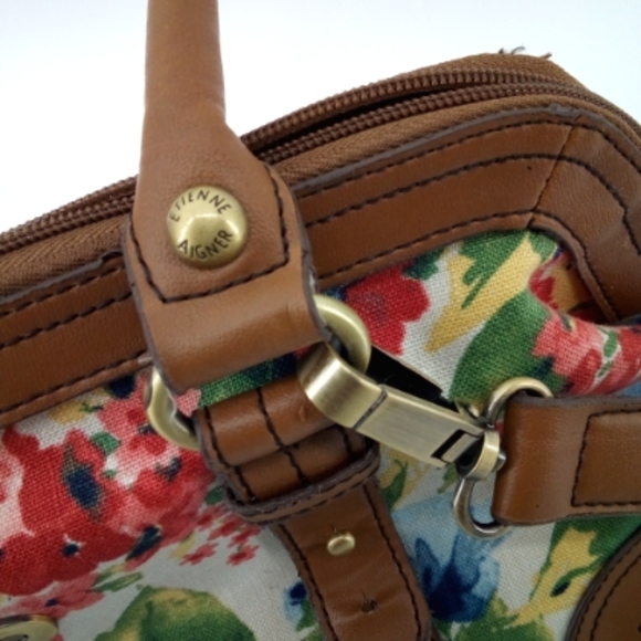 Etienne Aigner Sweet Linen Floral Spring Tan Vegan Handbag Crossbody Strap Bag - Picture 5 of 14